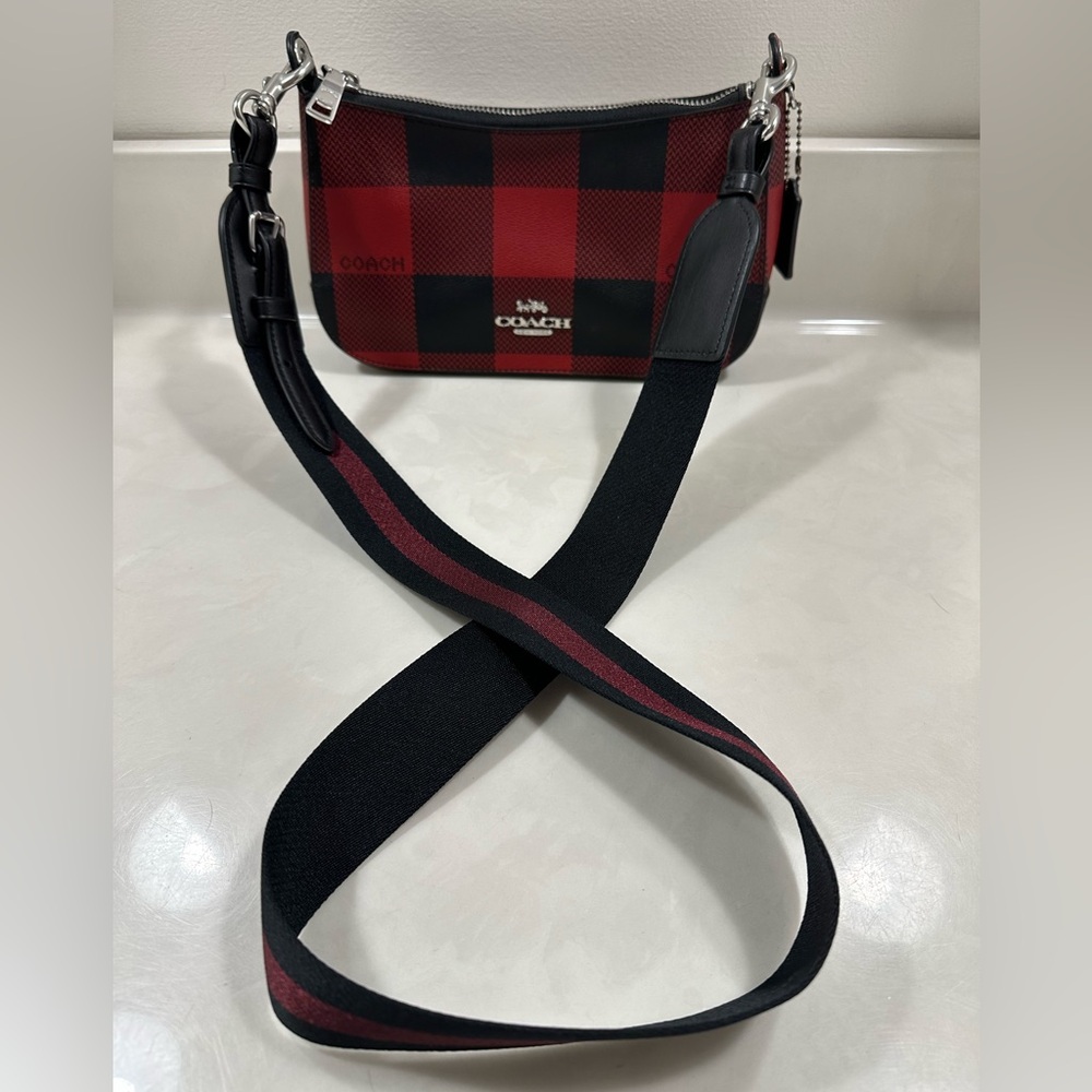 EUC Coach Jes red & black buffalo plaid Baguette purse